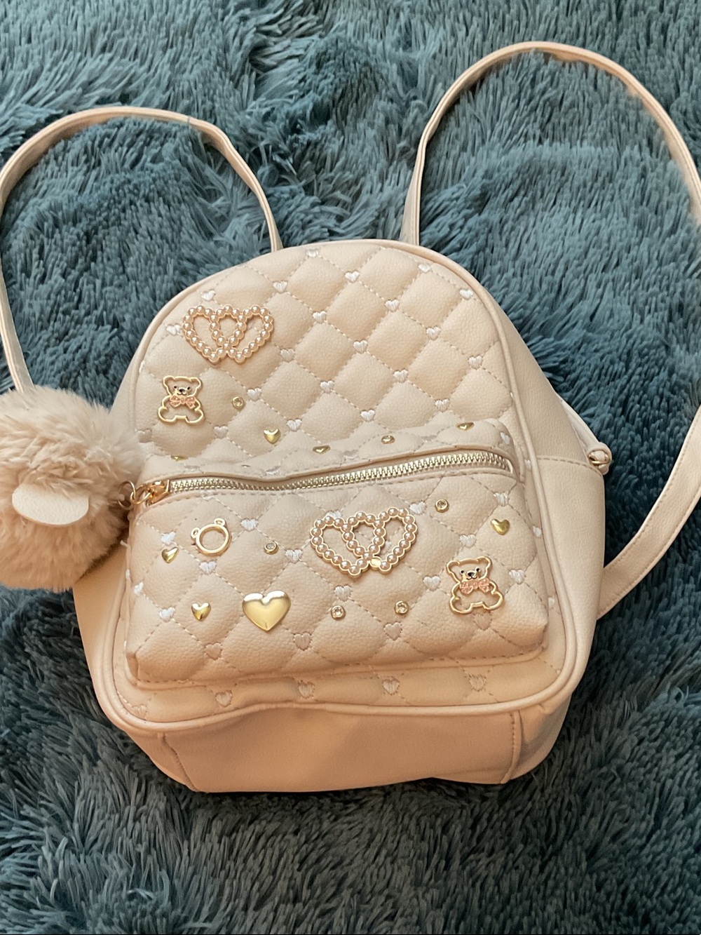 Under One Sky Cream Quilted Heart & Teddy Mini Backpack